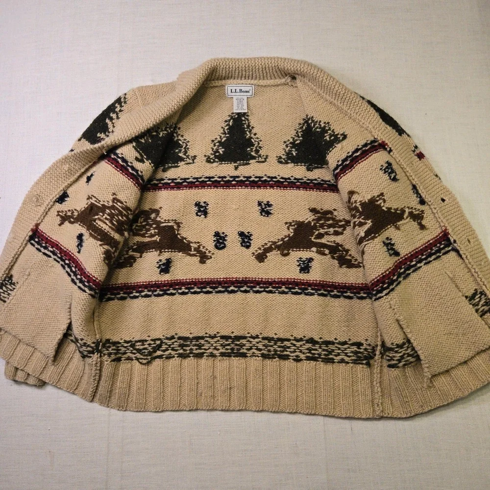 VTG L.L. Bean Reindeer Wool Cardigan Sweater Tan Women Small Shawl Collar Pocket